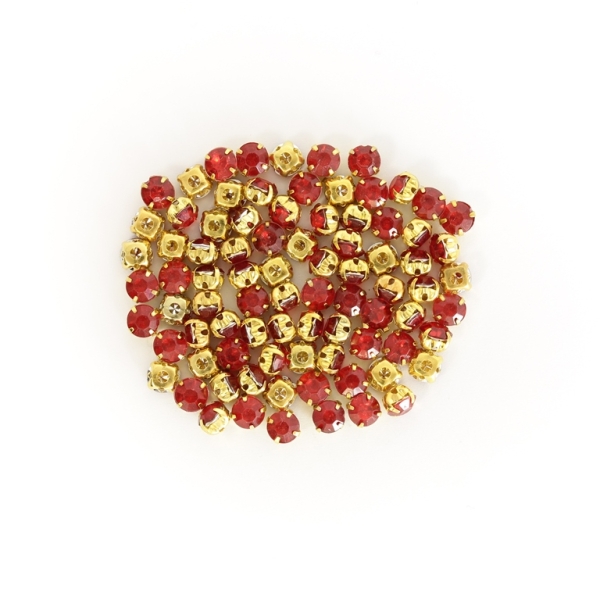 BEADS FOR SEWING - ACRYLIC CRYSTALS WITH METAL BASE - CIRCLE 6x5mm - RED AND GOLD - PACKAGE 100g (830pcs.)