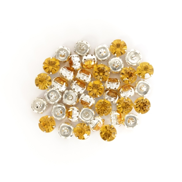 BEADS FOR SEWING - ACRYLIC CRYSTALS WITH METAL BASE - CIRCLE 10x7mm - YELLOW (DARK) AND SILVER - PACKAGE 100g (200pcs.)