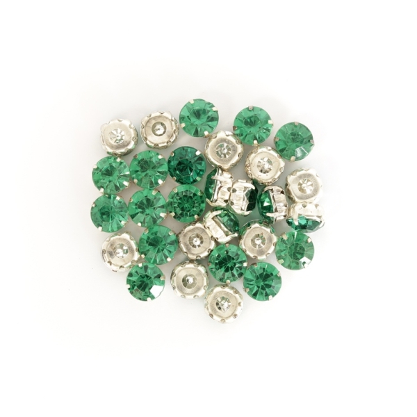 BEADS FOR SEWING - ACRYLIC CRYSTALS WITH METAL BASE - CIRCLE 10x7mm - GREEN (DARK) AND SILVER - PACKAGE 100g (200pcs.)