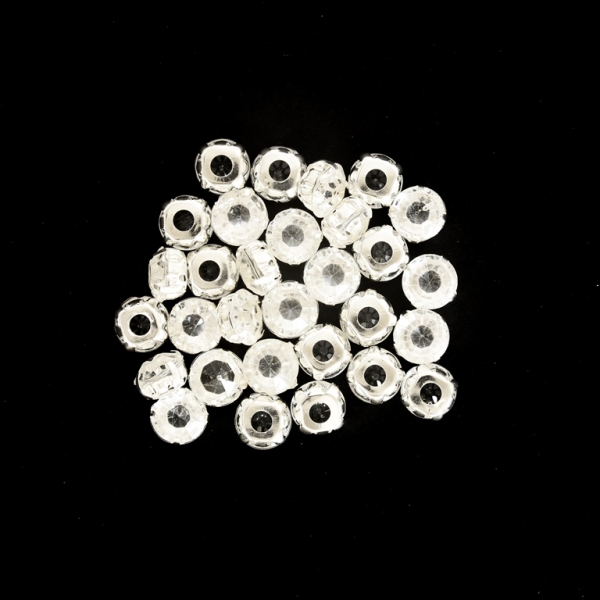 BEADS FOR SEWING - ACRYLIC CRYSTALS WITH METAL BASE - CIRCLE 10x7mm - TRANSPARENT AND SILVER - PACKAGE 100g (240pcs.)