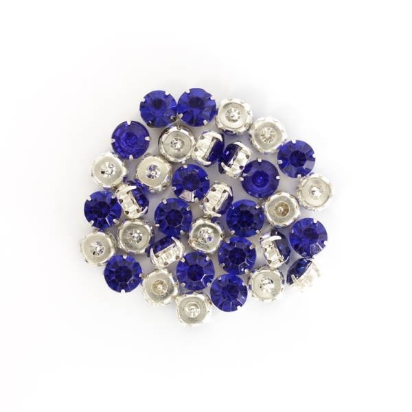 BEADS FOR SEWING - ACRYLIC CRYSTALS WITH METAL BASE - CIRCLE 10x7mm - BLUE (DARK) AND SILVER - PACKAGE 100g (200pcs.)