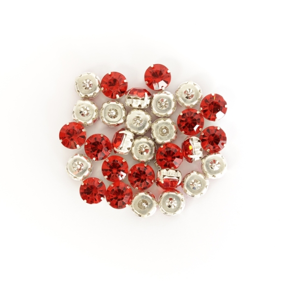 BEADS FOR SEWING - ACRYLIC CRYSTALS WITH METAL BASE - CIRCLE 10x7mm - RED AND SILVER - PACKAGE 100g (200pcs.)