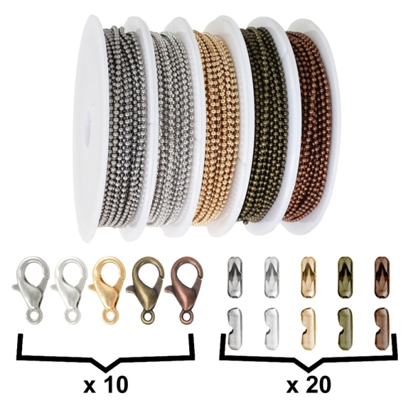 METAL CHAIN SET - BALL CIRCLE - 1.5mm MIXED COLORS - PACKAGE (5 rolls)