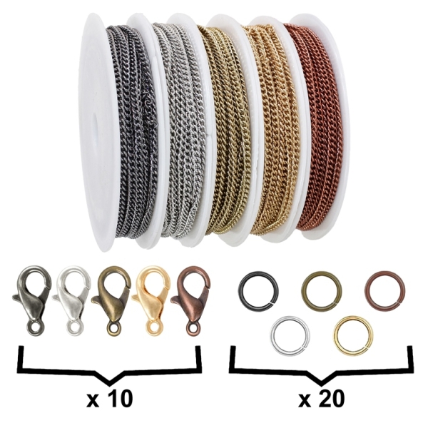 METAL CHAIN SET - CURB - 0.5x2.1x2.8mm MIXED COLORS - PACKAGE (5 rolls)