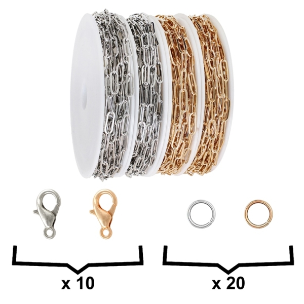 METAL CHAIN SET - STAINLESS STEEL - CABLE FLAT KNIT - 1.0x3.5x9.5mm MIXED COLORS - PACKAGE (4 rolls)