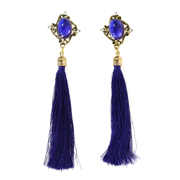 JEWELRY - EARRINGS - SCREW - TASSLES - Е355 - GOLD-BLUE (DARK) - 1 pair