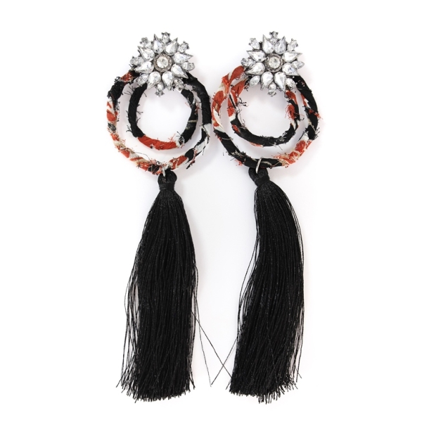 JEWELRY - EARRINGS - SCREW - TASSLES - Е361 - SILVER-BLACK - 1 pair