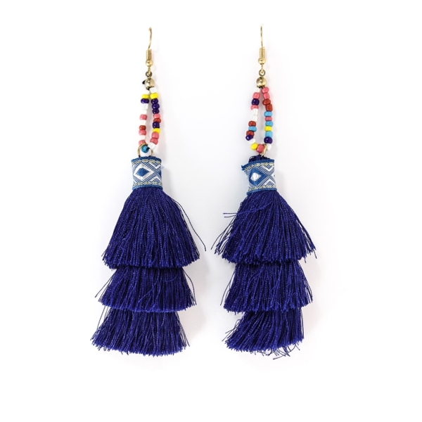 JEWELRY - EARRINGS - HOOK - TASSLES - Е360 - GOLD-BLUE (DARK) - 1 pair