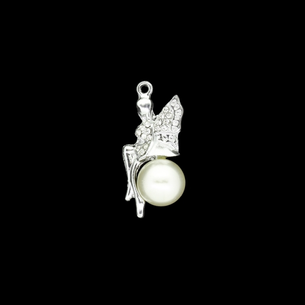 METAL - CHARMS PENDANT 1 HOLE UV COATING WITH CRYSTALS - FAIRY 01 PEARL - 15x34x12mm SILVER AND WHITE - PACKAGE 10pcs. Hole-1.9mm