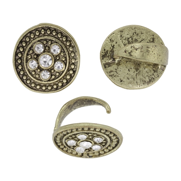 METAL BEADS - RHINESTONE HOLLOW ROUND BEADS - HOLDER FOR PENDANT - CIRCLE 01 WITH FLOWER - 21x15mm ANTIQUE BRONZE WITH WHITE - PACKAGE 20pcs.