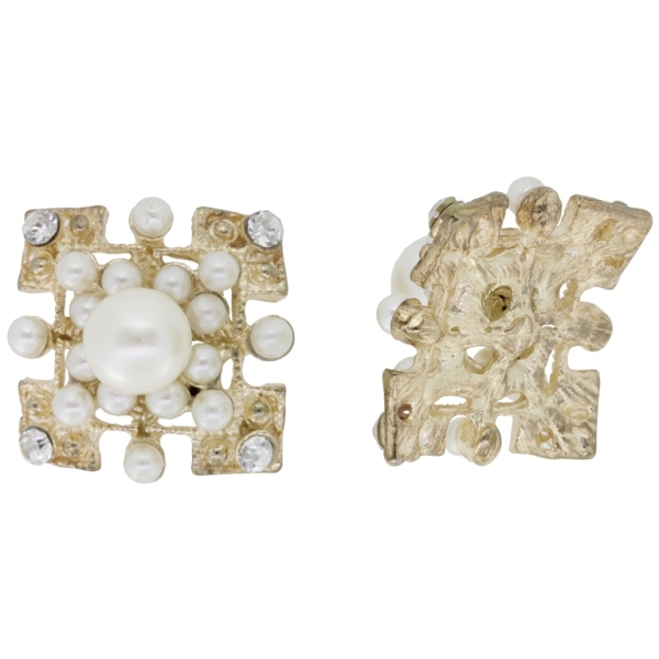 METAL BEADS - RHINESTONE HOLLOW ROUND BEADS AND PEARLS - SQUARE 01 - 27x27x4mm GOLD COLOR WITH WHITE - PACKAGE 10pcs.