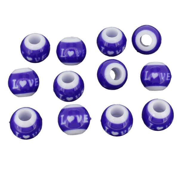 ACRYLIC BEADS - BALL LOVE - 11х12mm WHITE AND BLUE (DARK) - PACKAGE 500g Hole-5.0mm (710pcs.)