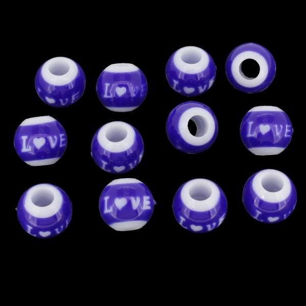 ACRYLIC BEADS - BALL LOVE - 11х12mm WHITE AND BLUE (DARK) - PACKAGE 500g Hole-5.0mm (710pcs.)