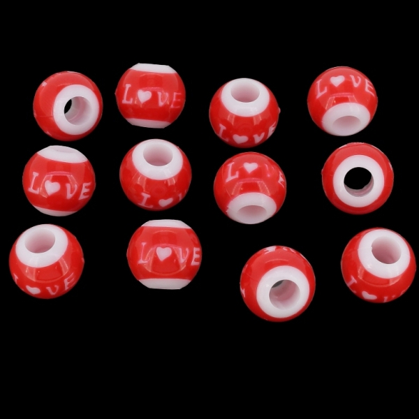 ACRYLIC BEADS - BALL LOVE - 11х12mm WHITE AND RED - PACKAGE 500g Hole-5.0mm (700pcs.)