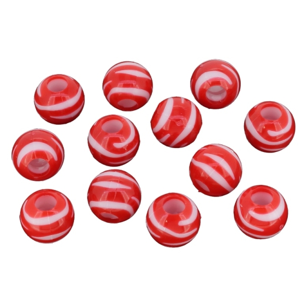 ACRYLIC BEADS - BALL STRIPES 03 - 11х12mm RED AND WHITE - PACKAGE 500g Hole-5.0mm (700pcs.)