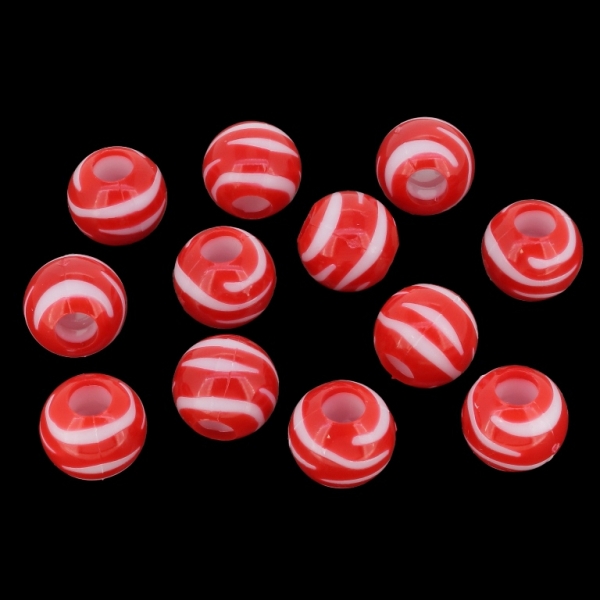 ACRYLIC BEADS - BALL STRIPES 03 - 11х12mm RED AND WHITE - PACKAGE 500g Hole-5.0mm (700pcs.)