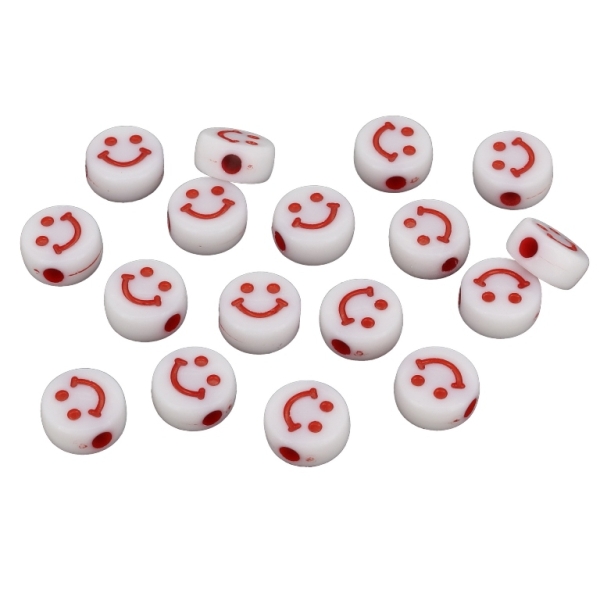 ACRYLIC BEADS - SMILES - DISK 02 - 10х5mm WHITE WITH RED - PACKAGE 500g Hole-2.5mm (1520pcs.)