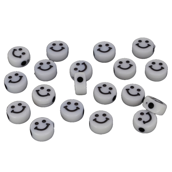 ACRYLIC BEADS - SMILEY FACE - DISK 02 - 10x5mm WHITE WITH BLACK - PACKAGE 500g Hole-2.5mm (1520pcs.)