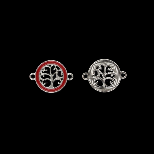 METAL BEADS WITH ENAMEL - CONNECTING ELEMENT WITH 2 RINGS - TREE OF LIFE 02 - 25x19x2mm NICKEL AND RED - PACKAGE 30pcs. Hole-2.0mm