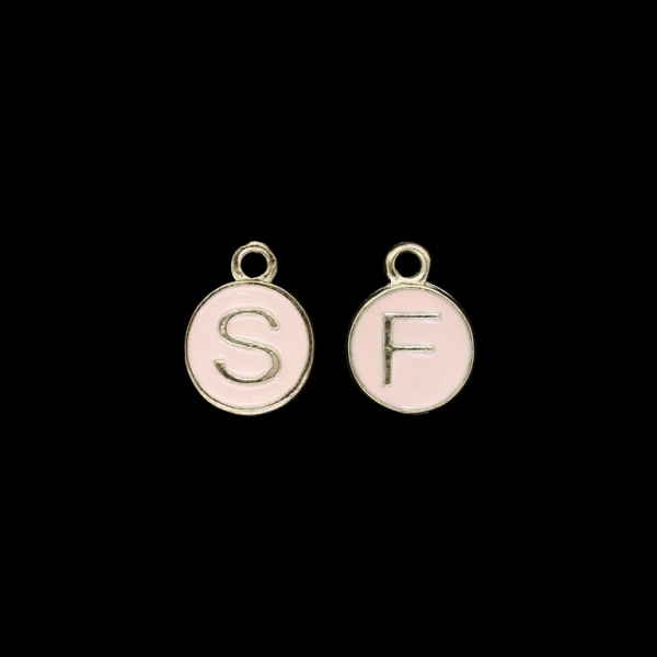 METAL BEADS WITH ENAMEL - PENDANT - CIRCLE WITH LETTER F AND S 01 - 12x25x3mm GOLD AND PINK - PACKAGE 30pcs. Hole-1.6mm