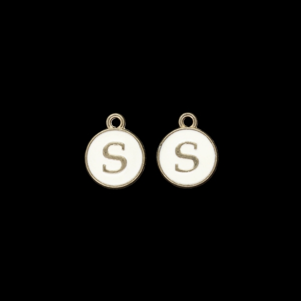 METAL BEADS WITH ENAMEL - PENDANT - CIRCLE WITH LETTER S 01 - 12x25x3mm GOLD AND ECRU - PACKAGE 30pcs. Hole-1.6mm