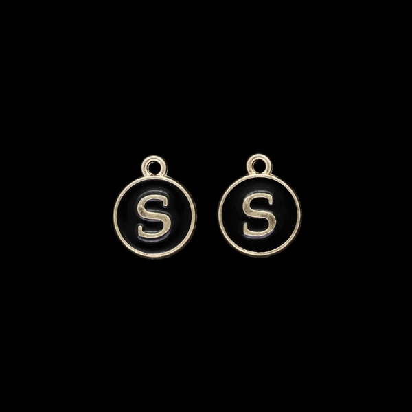 METAL BEADS WITH ENAMEL - PENDANT - CIRCLE WITH LETTER S 01 - 12x25x3mm GOLD AND BLACK - PACKAGE 30pcs. Hole-1.6mm