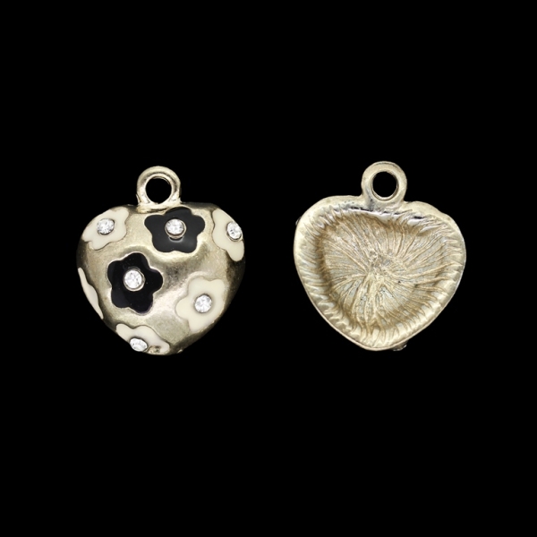 METAL BEADS WITH ENAMEL AND CRYSTALS - PENDANT - HEART 22 - 19x21x5mm GOLD-BLACK-ECRU - PACKAGE 20pcs. Hole-2.6mm