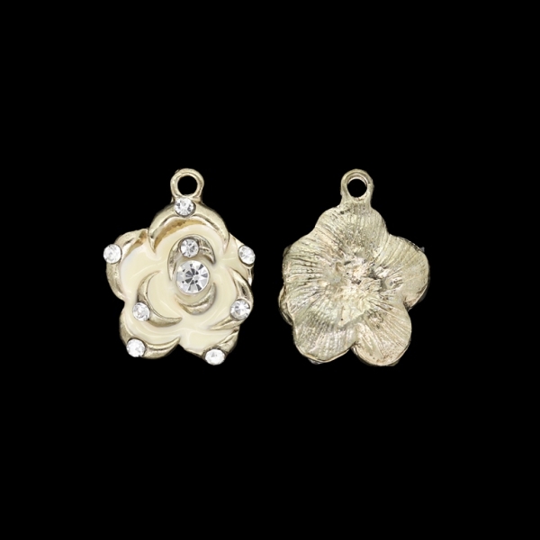 METAL BEADS WITH ENAMEL AND CRYSTALS - PENDANT - FLOWER 43 - 17x22x5mm GOLD AND ECRU - PACKAGE 20pcs. Hole-2.0mm