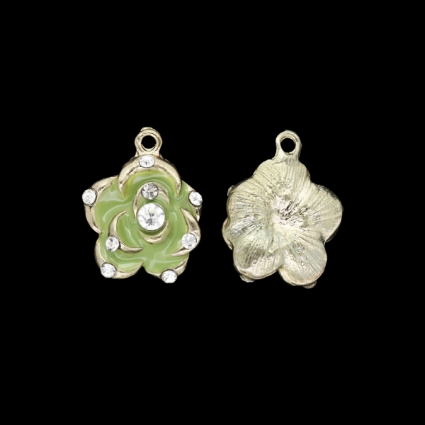 METAL BEADS WITH ENAMEL AND CRYSTALS - PENDANT - FLOWER 43 - 17x22x5mm GOLD AND GREEN - PACKAGE 20pcs. Hole-2.0mm