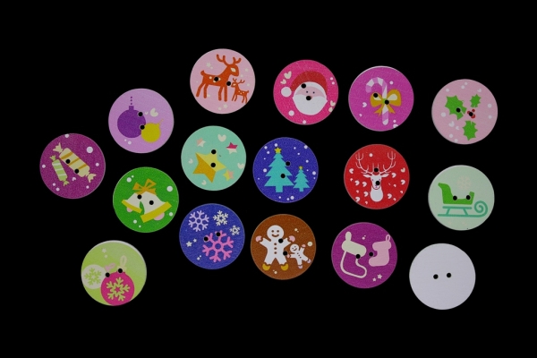 WOODEN FIGURES - BUTTON TYPE - CHRISTMAS - CIRCLE 02 - 25x2mm WHITE WITH MIX - 10pcs. Hole-2x2.0mm