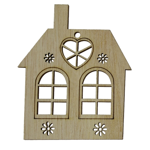 LASER CUT WOODEN FIGURES - PENDANT - HOUSE 01 (China) - 65x77x3mm NATURAL (DARK) - 2pcs. Hole-3.0mm