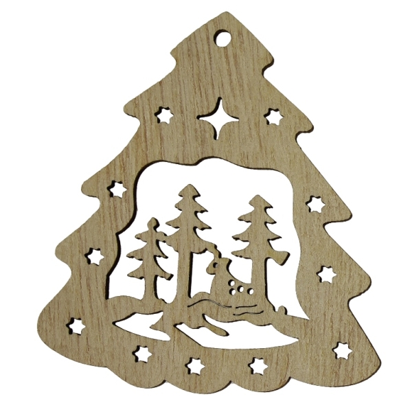 LASER CUT WOODEN FIGURES - PENDANT CHRISTMAS - CHRISTMAS TREE 02 (China) - 65x77x3mm NATURAL (DARK) - 2pcs. Hole-3.0mm