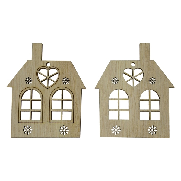 LASER CUT WOODEN FIGURES - PENDANT - HOUSE 01 (China) - 65x77x3mm NATURAL (DARK) - PACKAGE 20pcs. Hole-3.0mm