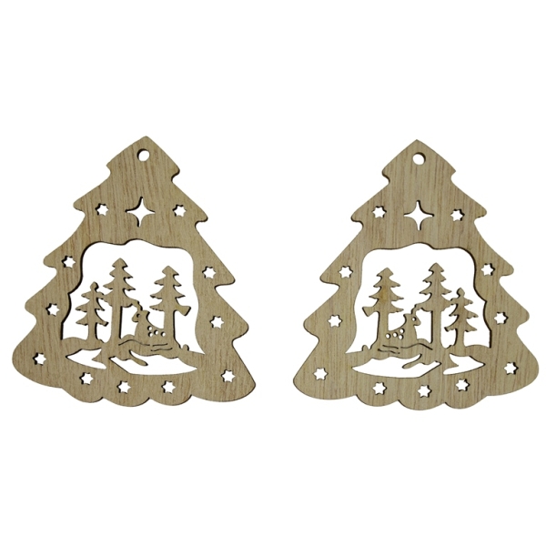 LASER CUT WOODEN FIGURES - PENDANT CHRISTMAS - CHRISTMAS TREE 02 (China) - 65x77x3mm NATURAL (DARK) - PACKAGE 20pcs. Hole-3.0mm