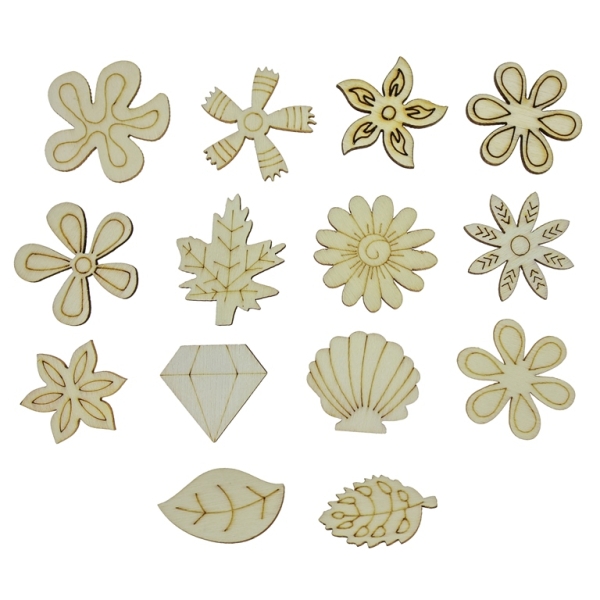 LASER CUT WOODEN FIGURES FOR GLUING - MIXED FLOWERS 01 (China) - 30x30x3mm NATURAL - 10pcs.