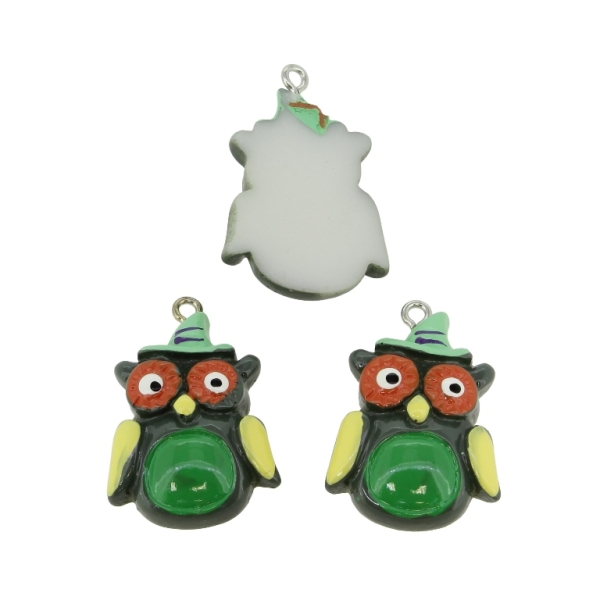 PLASTIC BEADS - RESIN 3D - PENDANT - OWL 02 - 21x33x7mm GREEN (LIGHT)-GREEN-YELLOW-ORANGE (DARK) - 2pcs. Hole-2.0mm