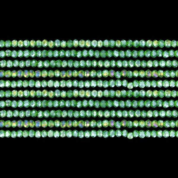 GLASS BEADS - FACETED RONDELLE CRYSTALS - 2.5x2mm - АВ TRANSPARENT - GREEN (LIGHT) 020AB - STRING (166pcs.) Hole-0.8mm