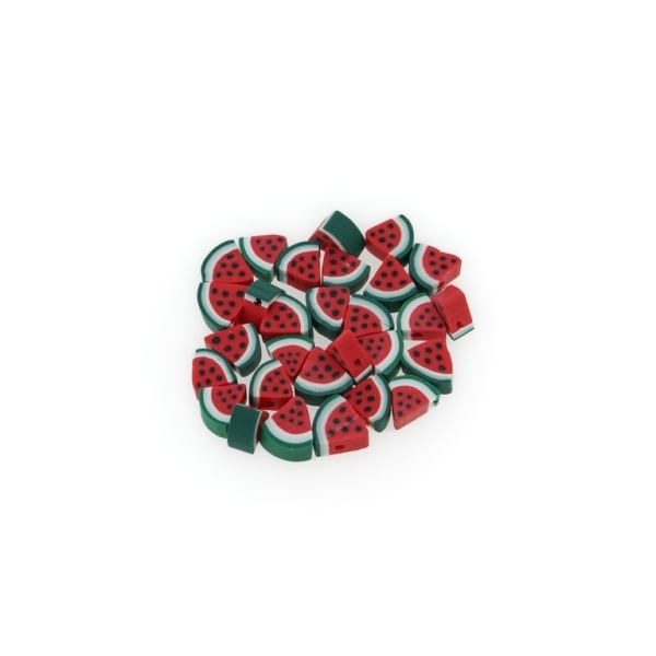 POLYMER CLAY FIMO BEADS - WATERMELON 01 - 9x9mm RED- GREEN (DARK)-GREEN (LIGHT)-WHITE-BLACK - 50pcs. Hole-1.6mm