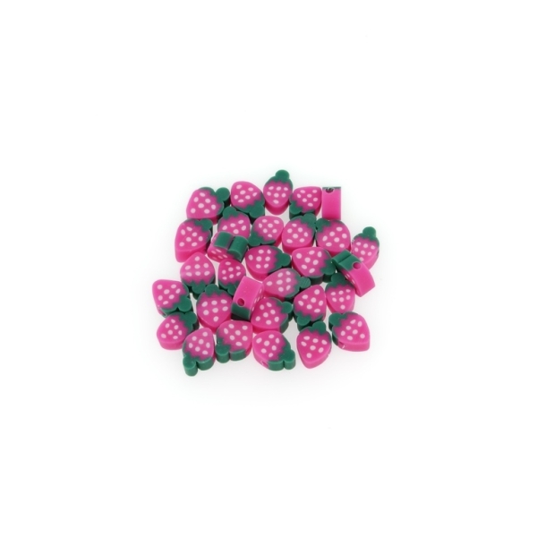 POLYMER CLAY FIMO BEADS - STRAWBERRY 01 - 7x10mm CYCLAMEN-GREEN (DARK)-WHITE - 50pcs. Hole-1.6mm