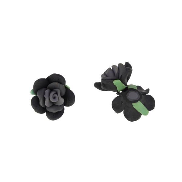 POLYMER CLAY FIMO BEADS - ROSE 05 - 27x13mm GRAY-BLACK-GREEN - 8pcs. Hole-2.0mm