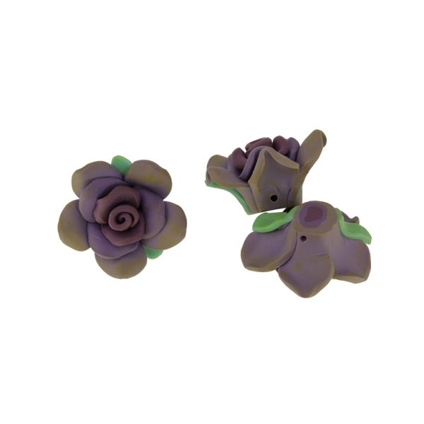 POLYMER CLAY FIMO BEADS - ROSE 07 - 32x16mm - ROSE DUST-PURPLE (LIGHT)-GREEN (DARK)-GREEN 02 - PACKAGE 4pcs. Hole-2.0mm