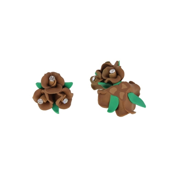 POLYMER CLAY FIMO BEADS - ROSES 02 WITH CRYSTAL - 25x13mm BROWN-GREEN 02 - 7pcs. Hole-2.0mm