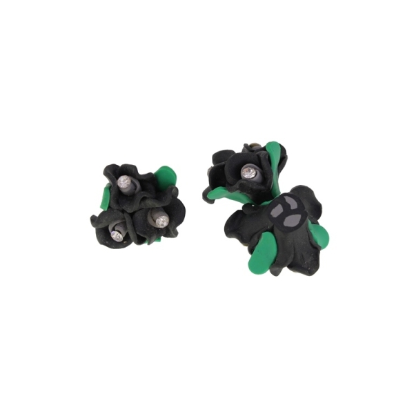 POLYMER CLAY FIMO BEADS - ROSES 02 WITH CRYSTAL - 28x15mm BLACK-GRAY-GREEN 01 - 7pcs. Hole-2.0mm