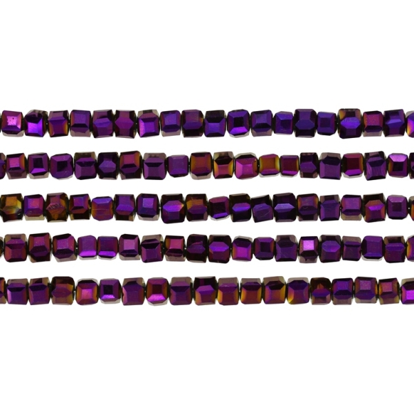  GLASS BEADS - CRYSTALS - CUBE 4x4mm - METALLIC - PURPLE 115 - STRING (98pcs.) Hole-1.2mm