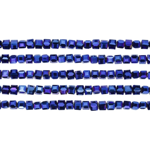  GLASS BEADS - CRYSTALS - CUBE 4x4mm - METALLIC - BLUE 117 - STRING (98pcs.) Hole-1.2mm