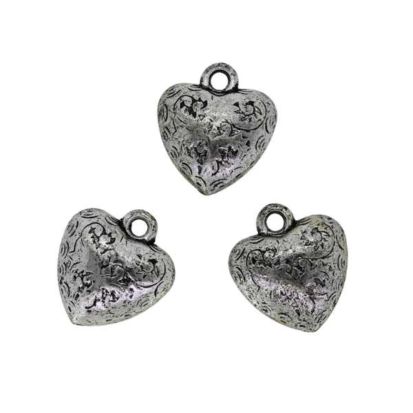 METAL PLATED PLASTIC / CCB PENDANTS - HEART RELIEF 05 - 17x19x6mm NICKEL - PACKAGE 500g Hole-2.2mm (485pcs.)