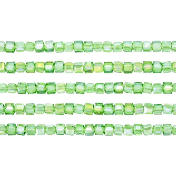 GLASS BEADS - CRYSTALS - CUBE 4х4mm - АВ TRANSPARENT - GREEN (LIGHT) 020АВ - STRING (98pcs.) Hole-1.2mm