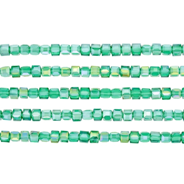 GLASS BEADS - CRYSTALS - CUBE 4х4mm - АВ TRANSPARENT - TURQUOISE GREEN 023АВ - STRING (98pcs.) Hole-1.2mm