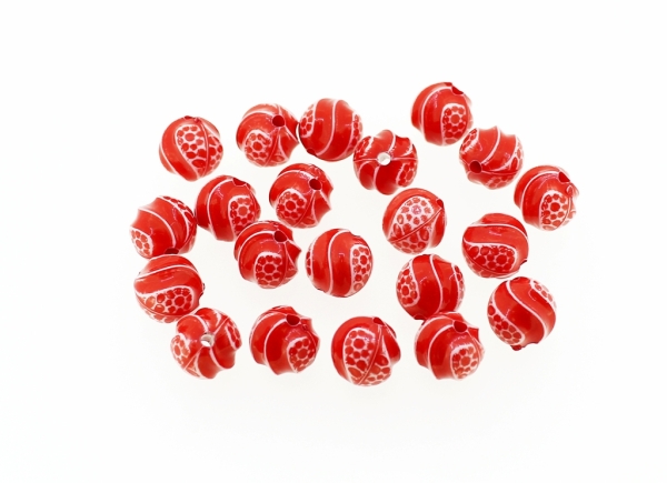 COLOR WASHED PLASTIC BEADS - BALL STRIPES - 9mm RED - PACKAGE 500g Hole-2.0mm (950pcs.)