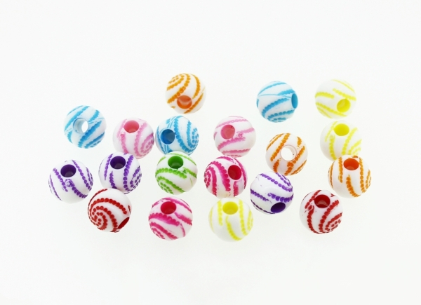 COLOR WASHED PLASTIC BEADS - BALL SPIRAL - 8mm MIX - PACKAGE 500g Hole-2.8mm (1950pcs.)